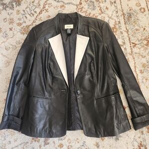 Neiman Marcus Women's Black Leather Blazer with White Lapel